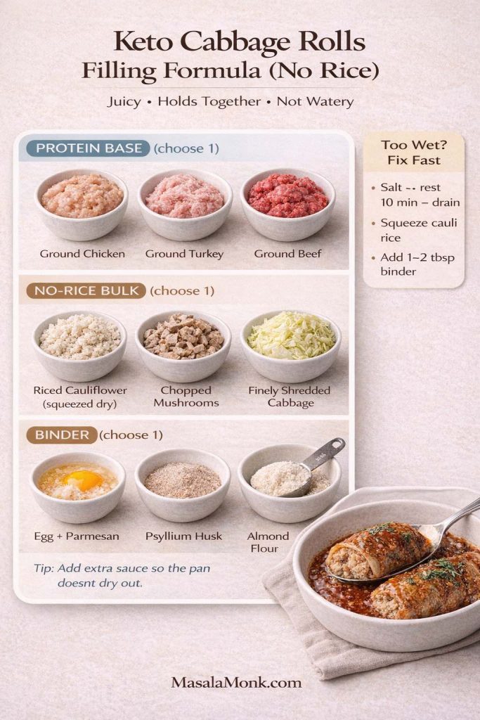 Infographic titled “Keto Cabbage Rolls Filling Formula (No Rice)” showing a mix-and-match chart: choose 1 protein (ground chicken, turkey, or beef), choose 1 no-rice bulk (riced cauliflower squeezed dry, chopped mushrooms, or finely shredded cabbage), and choose 1 binder (egg + parmesan, psyllium husk, or almond flour). Includes “Too wet? Fix fast” tips and a serving photo of cabbage rolls in tomato sauce.