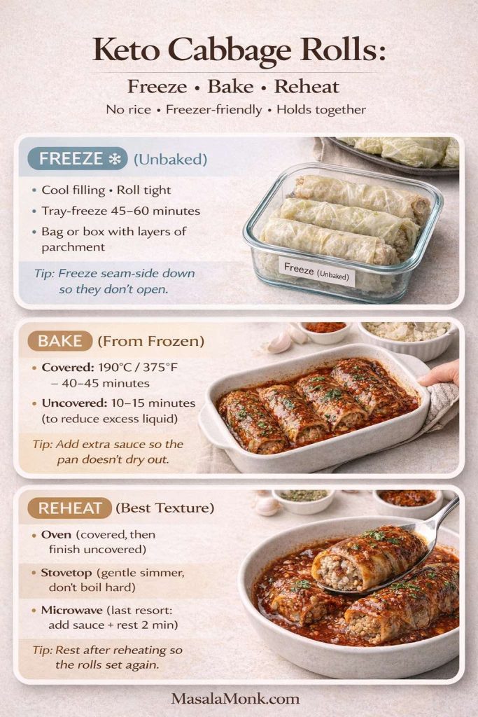 Infographic titled “Keto Cabbage Rolls: Freeze • Bake • Reheat” showing three steps: freeze unbaked rolls (cool filling, roll tight, tray-freeze 45–60 minutes, layer with parchment), bake from frozen (covered at 190°C/375°F for 40–45 minutes then uncover 10–15), and reheat options (oven, stovetop simmer, microwave last resort). Photos show unbaked rolls in a container and baked rolls in sauce.