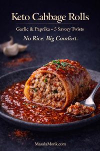 Moody close-up of a keto cabbage roll cut open to show a savory meat filling, sitting in a glossy garlic-paprika tomato sauce in a dark bowl, with a fork on the side and “Keto Cabbage Rolls” text overlay plus MasalaMonk.com at the bottom.