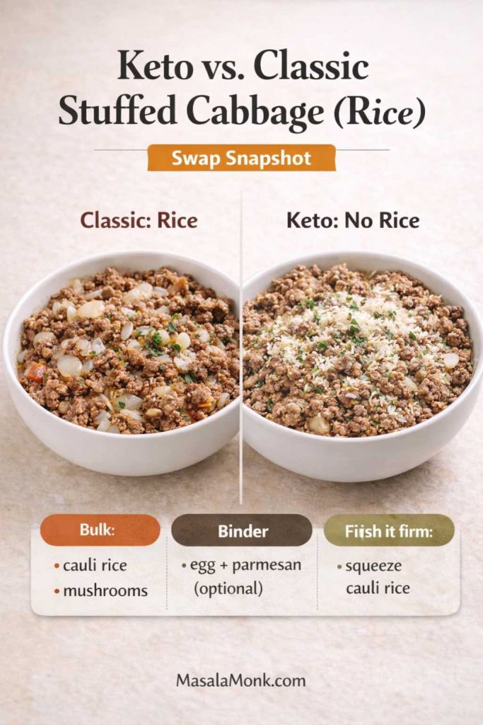 Side-by-side photo of two bowls of stuffed cabbage roll filling. Left bowl labeled “Classic: Rice” shows ground beef mixed with rice, onion, and herbs. Right bowl labeled “Keto: No Rice” shows ground beef with cauliflower rice, mushrooms, and parmesan. Text overlay says “Keto vs. Classic Stuffed Cabbage (Rice) — Swap Snapshot” with tips: bulk (cauli rice, mushrooms), binder (egg + parmesan optional), and keep it firm (squeeze cauliflower rice). MasalaMonk.com footer.