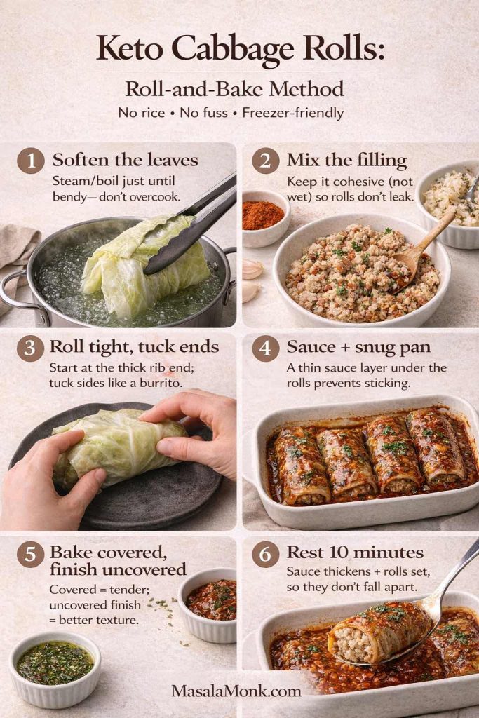 Roll-and-bake keto cabbage rolls, made simple: soften the leaves, mix a tight (not wet) filling, roll and tuck, then bake covered and finish uncovered for the best texture. This quick visual is the “don’t-mess-it-up” guide for sturdy rolls that hold together—especially if you’re meal-prepping or freezing a batch.