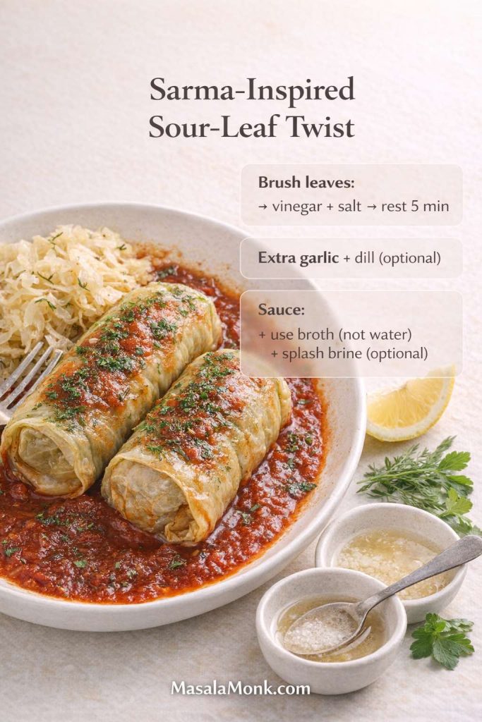 Sarma-inspired keto cabbage rolls on a light plate in rich tomato sauce, topped with herbs, with a lemon wedge and small bowls of vinegar and salt beside them. Text overlay highlights the “sour-leaf” trick: brush cabbage leaves with vinegar + salt and rest briefly, plus optional extra garlic and dill.
