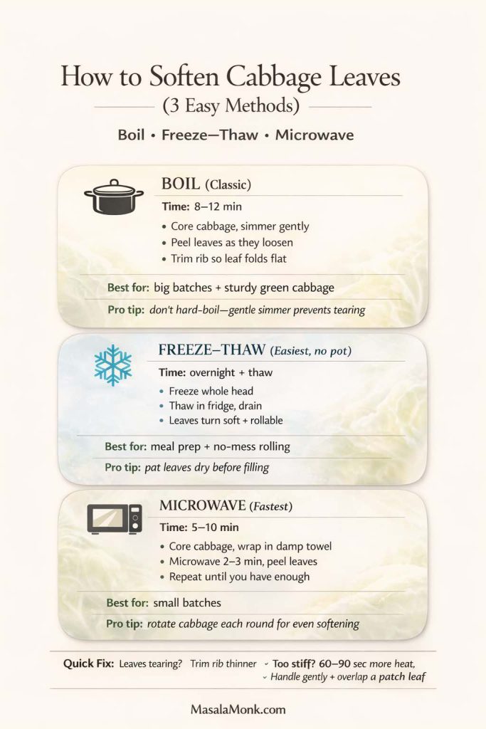 Infographic showing three ways to soften cabbage leaves for cabbage rolls: boiling (8–12 minutes), freeze–thaw method (freeze whole head, thaw to make leaves rollable), and microwave method (wrap in a damp towel and heat in short rounds). Includes quick fixes for torn leaves, stiff leaves, and overly soft leaves.