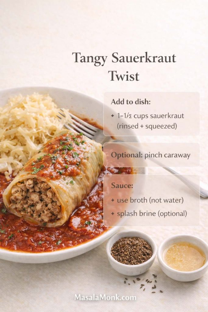 Tangy sauerkraut keto cabbage rolls in rich tomato sauce on a plate, shown with a side of sauerkraut plus small bowls of caraway seeds and sauerkraut brine. Text overlay reads “Tangy Sauerkraut Twist” with notes: add 1–1½ cups rinsed, squeezed sauerkraut; optional pinch of caraway; use broth (not water) and add a splash of brine.