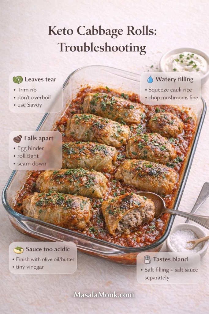 Troubleshooting infographic for keto cabbage rolls in a glass baking dish with tomato-garlic sauce and parsley. Callouts list fixes: leaves tear (trim rib, don’t overboil, use savoy), watery filling (squeeze cauliflower rice, chop mushrooms fine), rolls fall apart (egg binder, roll tight, seam down), sauce too acidic (finish with olive oil or butter, tiny vinegar), tastes bland (salt filling and sauce separately). MasalaMonk.com footer.