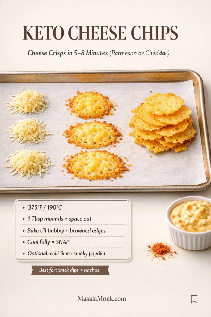 Tray of keto cheese chips shown in three stages: unbaked shredded cheese mounds, freshly baked bubbling cheese crisps, and a stack of cooled parmesan/cheddar crisps. Text overlay lists the method: 375°F/190°C, 1 Tbsp mounds spaced out, bake until bubbly with browned edges, cool fully for a crisp snap, with optional chili-lime or smoky paprika. MasalaMonk.com footer.