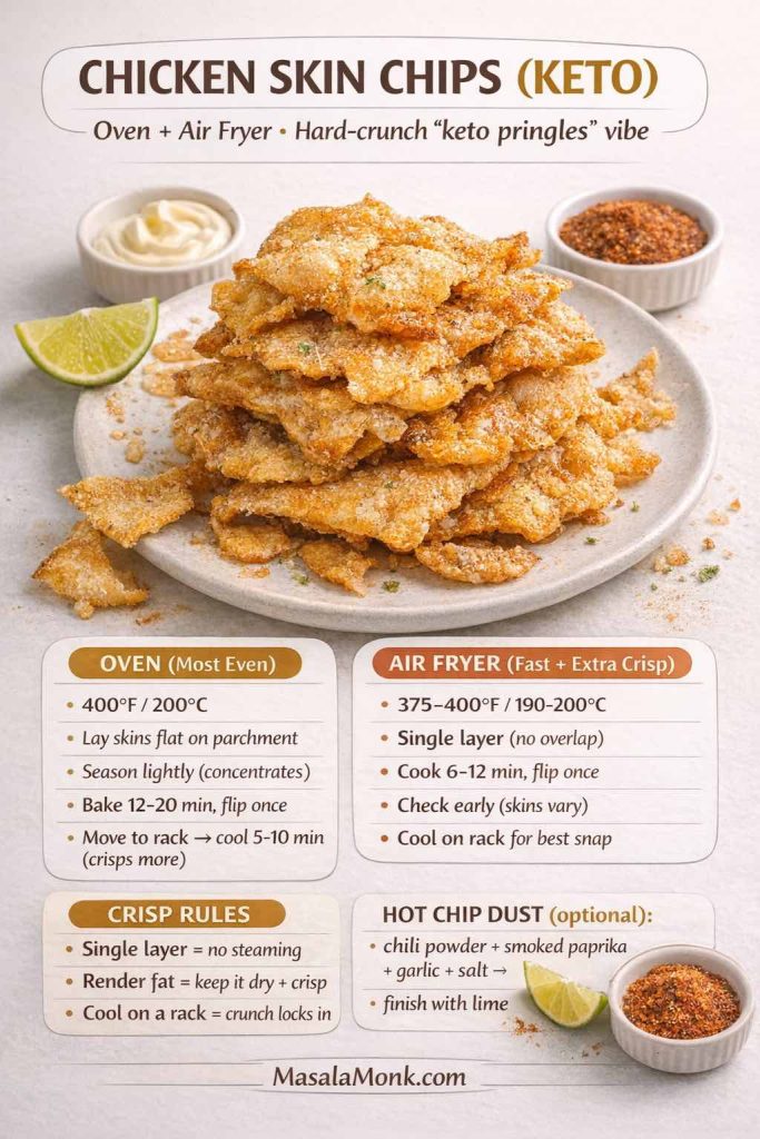 Keto chicken skin chips recipe card with oven and air fryer methods. Shows a plate of crispy chicken skin “chips” with a quick time-and-temp guide: oven 400°F/200°C and air fryer 375–400°F/190–200°C, plus crisp rules (single layer, render fat, cool on a rack) and optional hot-chip seasoning dust. MasalaMonk.com footer.