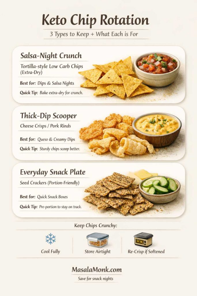 A vertical infographic titled “Keto Chip Rotation — 3 Types to Keep + What Each is For.” It shows three snack cards: tortilla-style low carb chips with a bowl of chunky dip for salsa-night crunch; cheese crisps and pork rinds beside a thick cheese dip for scooping; and seed crackers with cucumber and cheese for an everyday snack plate. Bottom row icons say: cool fully, store airtight, and re-crisp if softened. MasalaMonk.com footer.