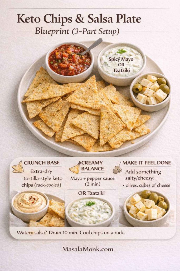 Keto chips and salsa plate on a large round platter with tortilla-style keto chips and three bowls: chunky salsa, spicy mayo or tzatziki, and a salty add-on bowl with olives and cheese cubes. Text labels show a 3-part setup: crunch base, creamy balance, and ‘make it feel done’.