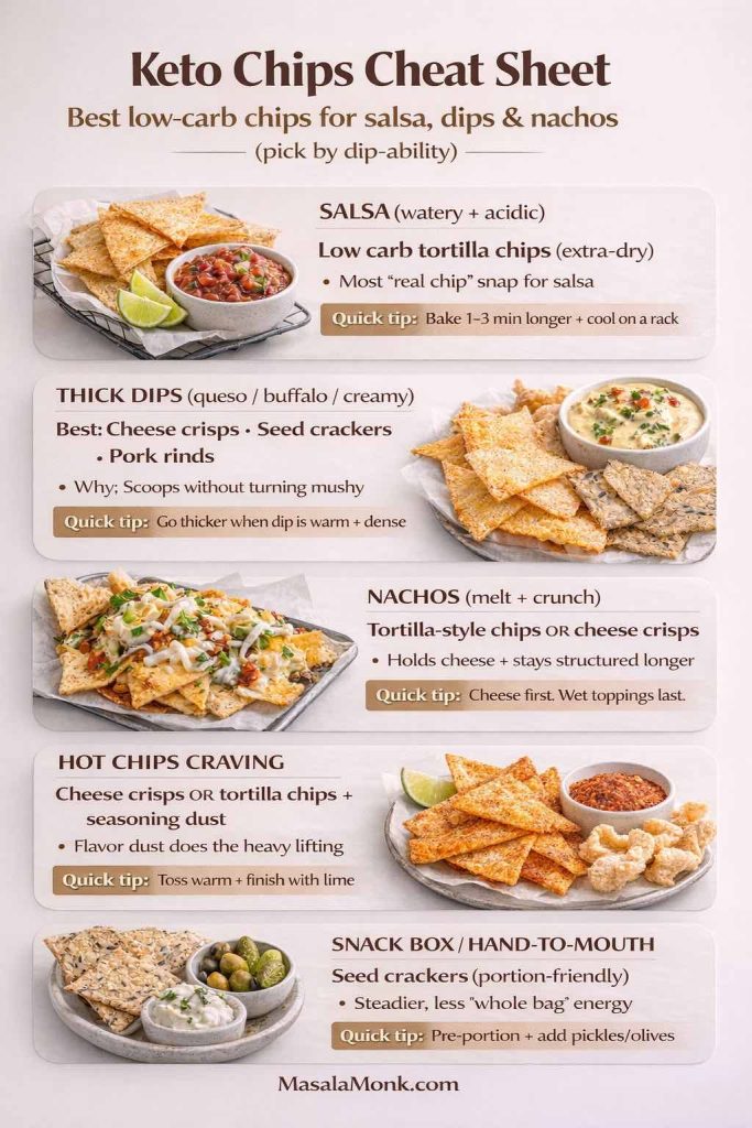 Keto Chips Cheat Sheet showing best low-carb chip options by ‘dip-ability’: for salsa, extra-dry low carb tortilla chips with a tip to bake longer and cool on a rack; for thick dips, cheese crisps, seed crackers, or pork rinds; for nachos, tortilla-style chips or cheese crisps with ‘cheese first, wet toppings last’; for hot chip cravings, seasoning dust + lime; for snack boxes, portion-friendly seed crackers. MasalaMonk.com footer.