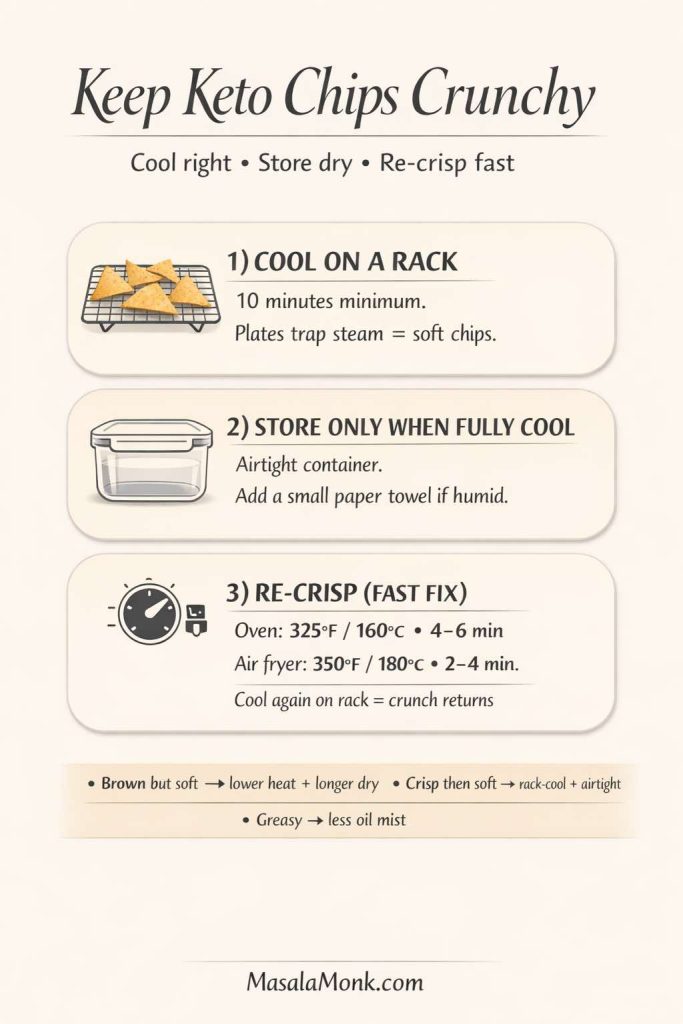 Infographic titled ‘Keep Keto Chips Crunchy’ with three steps: (1) Cool chips on a rack for at least 10 minutes because plates trap steam and soften chips. (2) Store only when fully cool in an airtight container; add a small paper towel if it’s humid. (3) Re-crisp fast: oven 325°F/160°C for 4–6 min or air fryer 350°F/180°C for 2–4 min, then cool again on a rack. Bottom tips: brown but soft = lower heat + longer dry; crisp then soft = rack-cool + airtight; greasy = less oil mist.