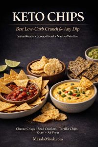 Photoreal magazine-style cover showing keto chips and low-carb chip options with chunky salsa, thick queso dip, cheese crisps, and seed crackers on a dark moody background. Text reads “Keto Chips,” “Best Low-Carb Crunch for Any Dip,” “Salsa-Ready • Scoop-Proof • Nacho-Worthy,” with “Cheese Crisps • Seed Crackers • Tortilla Chips (Oven + Air Fryer)” and MasalaMonk.com.