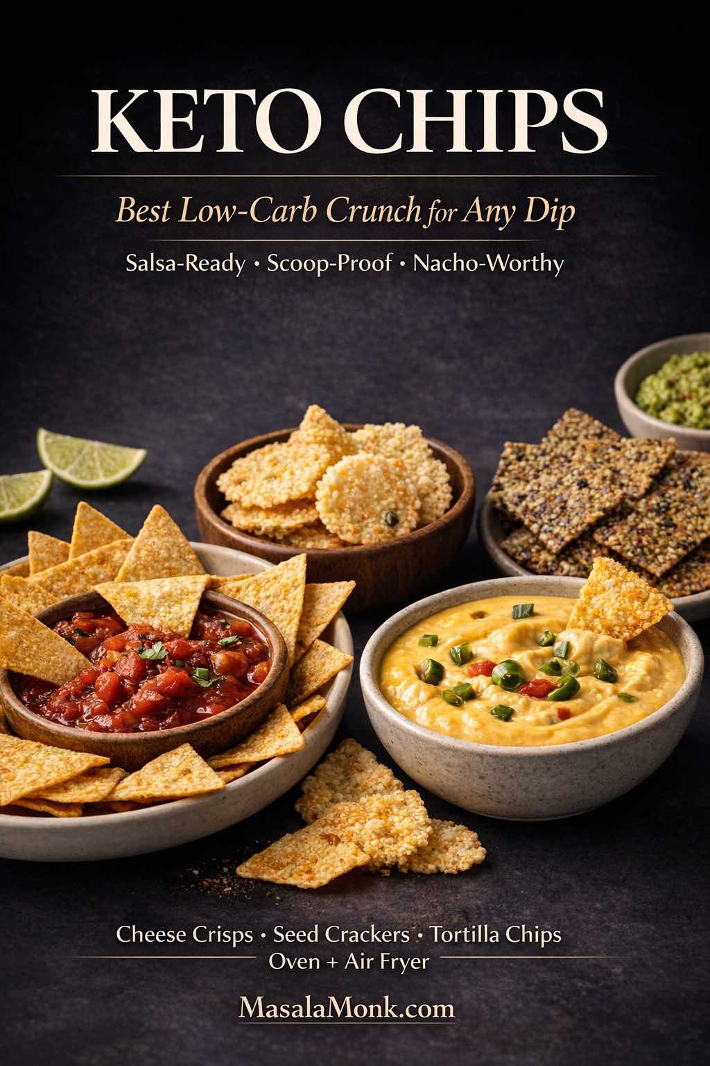 Photoreal magazine-style cover showing keto chips and low-carb chip options with chunky salsa, thick queso dip, cheese crisps, and seed crackers on a dark moody background. Text reads “Keto Chips,” “Best Low-Carb Crunch for Any Dip,” “Salsa-Ready • Scoop-Proof • Nacho-Worthy,” with “Cheese Crisps • Seed Crackers • Tortilla Chips (Oven + Air Fryer)” and MasalaMonk.com.