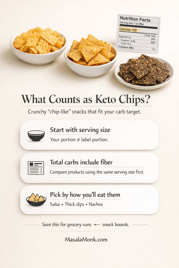 Infographic titled “What Counts as Keto Chips?” showing three chip options (cheese crisps, tortilla-style chips, seed crackers) beside a Nutrition Facts label. Text highlights: start with serving size, total carbs include fiber, and pick chips by how you’ll eat them (salsa, thick dips, nachos). Footer: MasalaMonk.com.