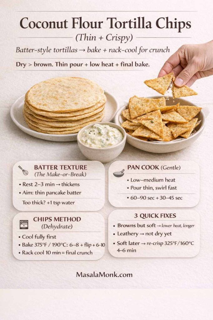 Coconut flour tortilla chips infographic showing thin, crispy chips with a stack of small tortillas and a bowl of dip. Text explains batter-style coconut flour tortillas (2 tbsp coconut flour, 2 eggs, water, olive oil, salt), pan-cook gently, then bake at 375°F/190°C, flip, and rack-cool for crunch. Includes quick fixes for soft or leathery chips and MasalaMonk.com footer.