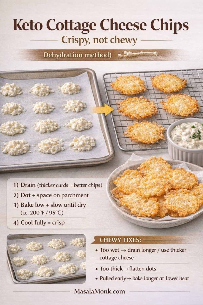 Step-by-step infographic for keto cottage cheese chips: drained cottage cheese dotted on parchment on a baking tray transforms into golden, crispy chips cooling on a rack. Overlay shows dehydration method steps (drain, dot + space, bake low and slow, cool fully) plus “chewy fixes” tips. MasalaMonk.com footer.
