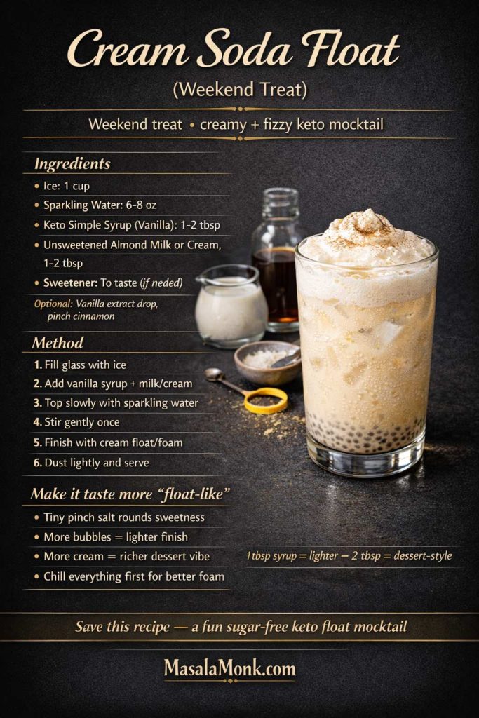 Dark luxe recipe-card infographic for a Cream Soda Float keto mocktail, showing a creamy fizzy low carb drink in a short glass with foam on top, ice, and recipe sections for ingredients, method, and tips to make it taste more float-like without sugar.