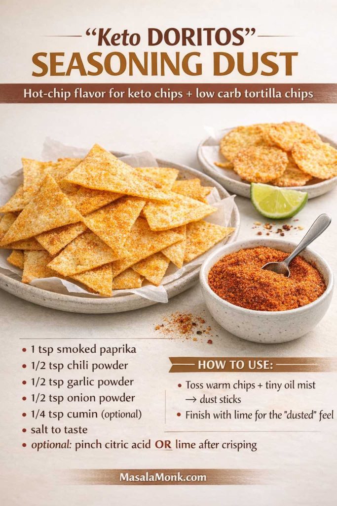 Portrait infographic titled ‘Keto Doritos Seasoning Dust’ with a bowl of orange-red seasoning, a spoon, lime wedge, tortilla-style keto chips, and cheese crisps on a warm neutral background. Text lists ingredients: 1 tsp smoked paprika, 1/2 tsp chili powder, 1/2 tsp garlic powder, 1/2 tsp onion powder, 1/4 tsp cumin (optional), salt to taste, optional citric acid or lime after crisping. Tips: toss warm chips with tiny oil mist so dust sticks; finish with lime. Footer reads MasalaMonk.com.