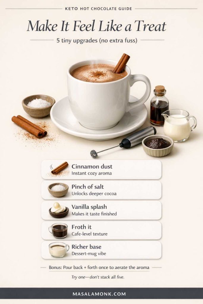 Infographic titled “Make It Feel Like a Treat” showing a mug of keto hot chocolate with cinnamon, salt, vanilla, a frother, and a richer base option, listing five easy upgrades to make low carb hot cocoa feel café-level without extra fuss.
