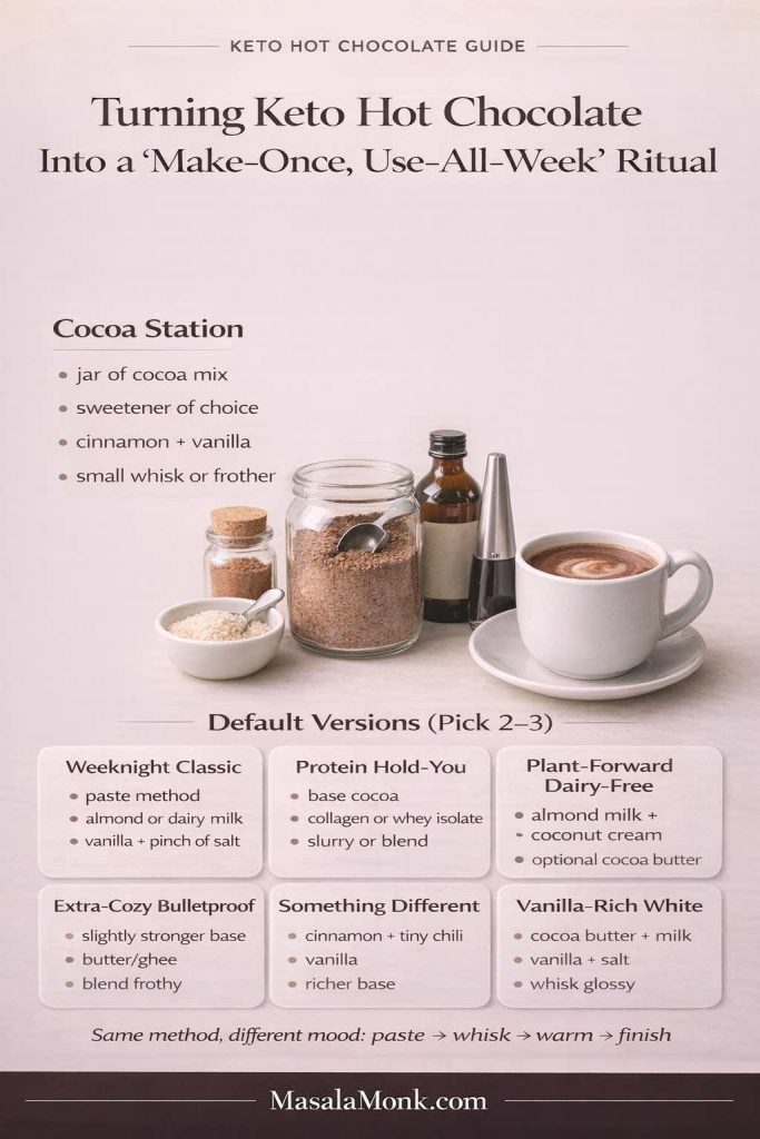 Infographic for a keto hot chocolate weekly ritual showing a “cocoa station” setup (jar of cocoa mix, sweetener, cinnamon, vanilla, whisk/frother) and six default versions: weeknight classic, protein, dairy-free, bulletproof, Mexican, and sugar-free white hot chocolate.