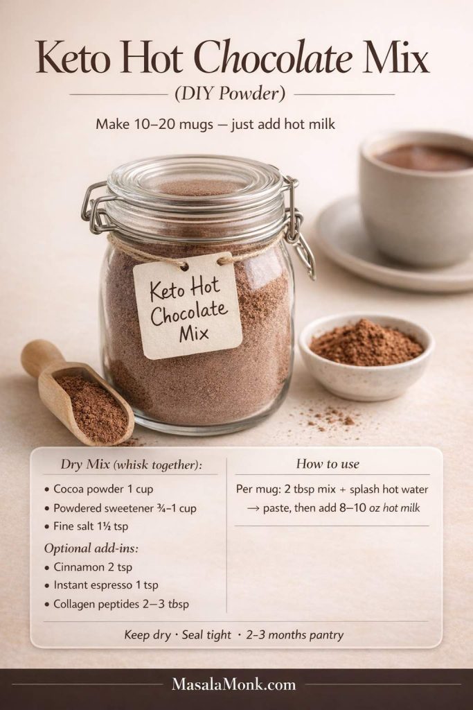 Photoreal recipe card for keto hot chocolate mix (DIY powder) showing a jar of cocoa mix with scoop and a mug of hot cocoa, plus dry mix ingredients, per-mug directions, and storage notes for low carb hot chocolate.