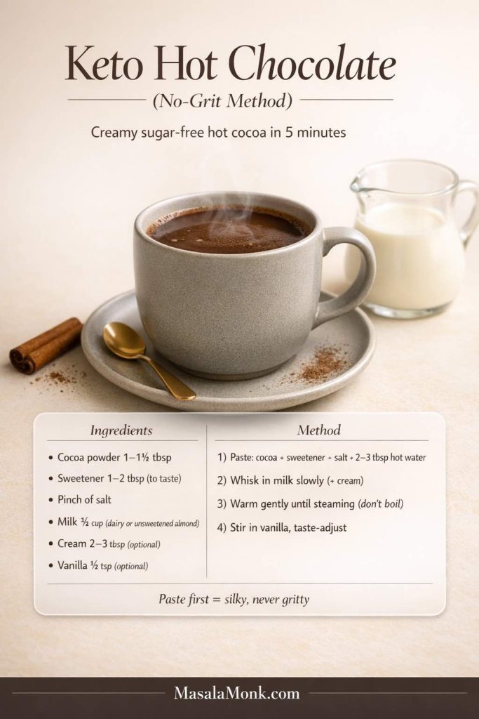 Photoreal recipe card for keto hot chocolate (no-grit method) showing a steaming mug on a saucer with cinnamon stick and cream pitcher, plus ingredients and steps for creamy sugar-free hot cocoa.