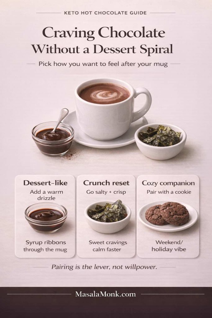 Infographic showing keto hot chocolate pairing ideas to avoid a dessert spiral, with a mug of hot cocoa and three options: warm chocolate syrup drizzle, salty crunchy seaweed snack, or a cookie for a cozy companion.