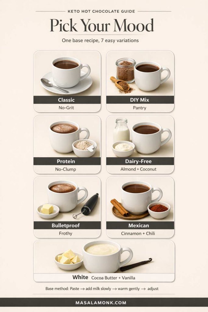 Pinterest-style “Keto Hot Chocolate: Pick Your Mood” guide showing seven variations—Classic, DIY Mix, Protein, Dairy-Free, Bulletproof, Mexican, and White—with a base-method note for making smooth sugar-free low carb hot cocoa.
