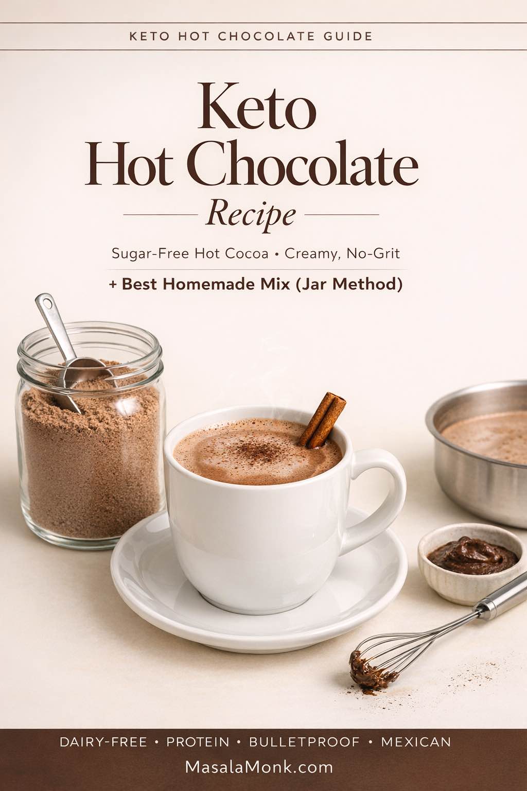 Blog cover image for “Keto Hot Chocolate Recipe” showing a creamy mug of sugar-free hot cocoa with cinnamon on a white saucer, alongside a jar of homemade keto hot chocolate mix with scoop and cocoa paste tools, highlighting dairy-free, protein, bulletproof, and Mexican options.