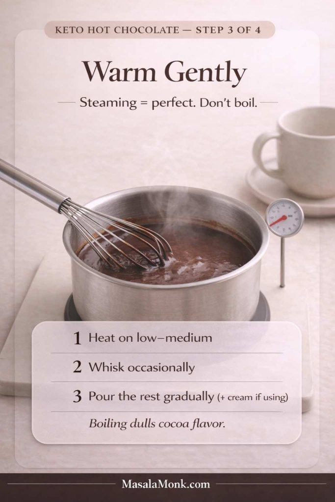 Step 3 of 4 keto hot chocolate instruction card showing a saucepan of smooth hot cocoa being gently heated with steam rising and a whisk, with text advising to warm on low-medium and avoid boiling for better flavor.
