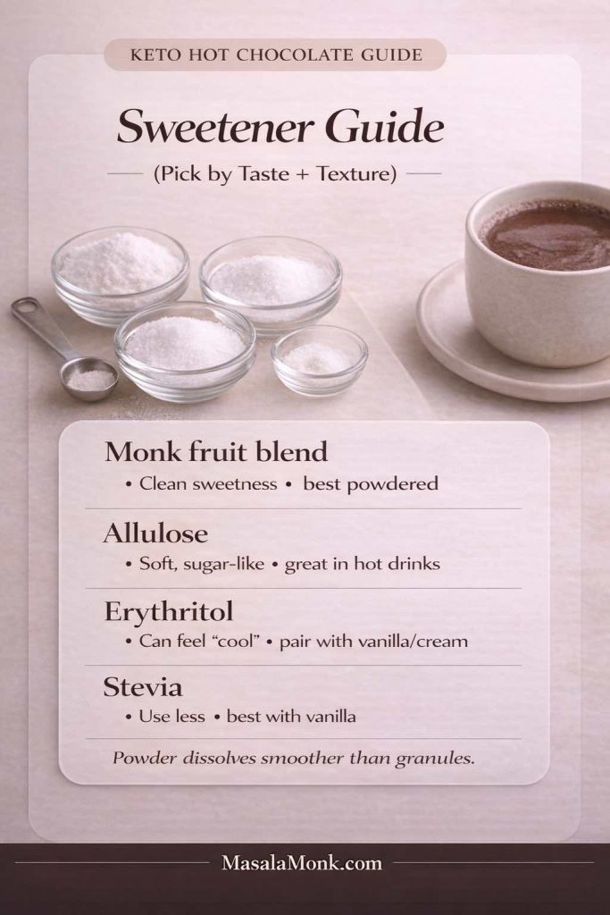 Photoreal infographic titled “Keto Hot Chocolate Sweetener Guide” comparing monk fruit blend, allulose, erythritol, and stevia for sugar-free hot cocoa, with notes on taste, texture, and which options dissolve best in hot drinks.