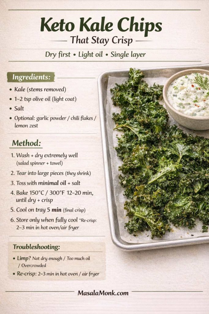 Keto kale chips recipe card on a warm cream background showing a tray of crispy kale chips with a small bowl of dip. Text overlay includes ingredients (kale, olive oil, salt, optional garlic/chili/lemon) and method: dry kale very well, toss with minimal oil, bake 150°C/300°F 12–20 minutes in a single layer, cool for final crisp, store only when fully cool, and re-crisp 2–3 minutes in a hot oven or air fryer. MasalaMonk.com footer.
