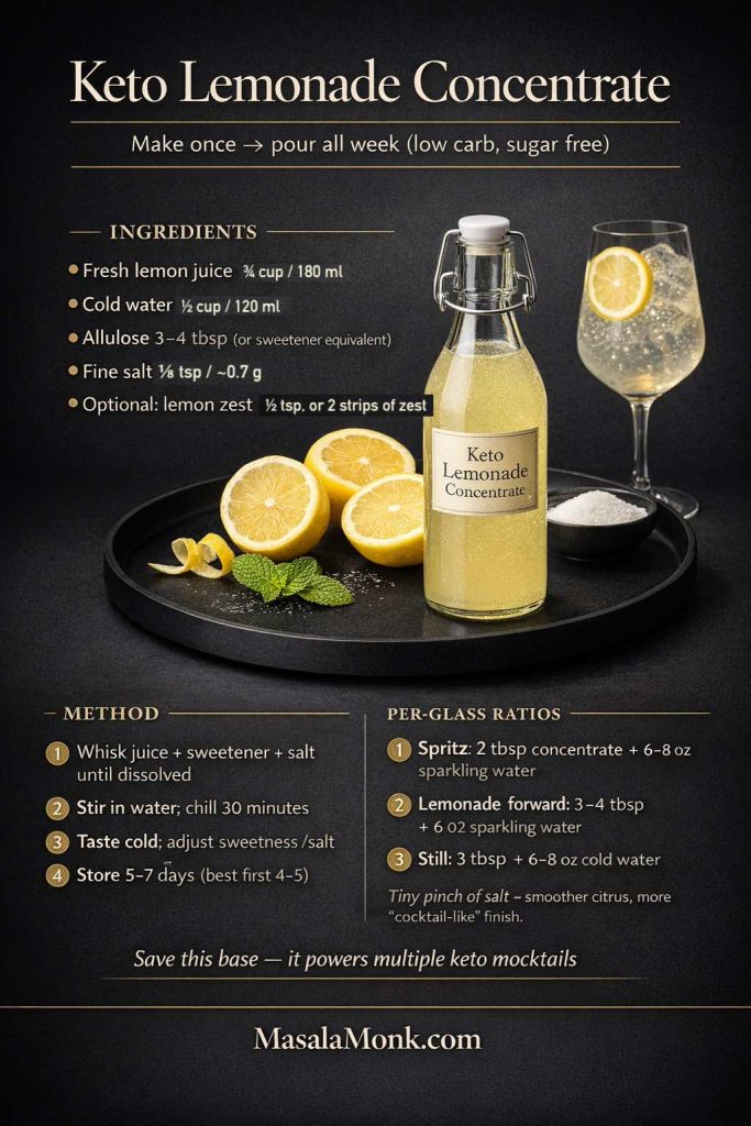 Dark luxe recipe-card graphic for Keto Lemonade Concentrate showing ingredients, method, and per-glass ratios for a sugar free, low carb lemonade base used to make keto mocktails like lemonade spritz, cucumber mint cooler, and berry lemon sparkler.