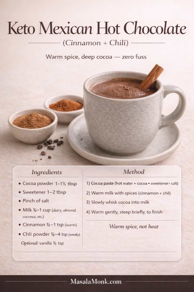Photoreal recipe card for keto Mexican hot chocolate showing a mug of hot cocoa with a cinnamon stick and small bowls of cinnamon and chili powder, with ingredients and steps for a warm spiced low carb hot cocoa (cinnamon + a touch of chili).