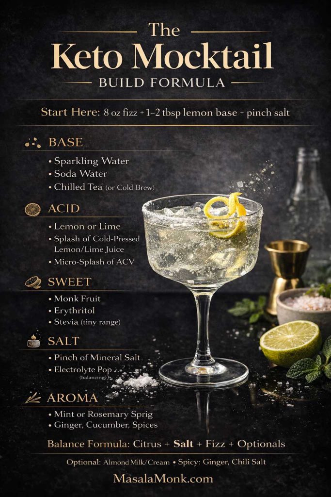 Dark luxe infographic titled “The Keto Mocktail Build Formula” showing a coupe glass fizzy mocktail with lemon peel and a salt-rim vibe, plus a step-by-step formula for keto mocktails: base (sparkling/soda water, chilled tea), acid (lemon or lime, optional ACV), sweetener (monk fruit, erythritol, stevia), salt (pinch of mineral salt), and aroma (mint/rosemary, ginger/cucumber/spices), with a starter ratio and MasalaMonk.com footer.