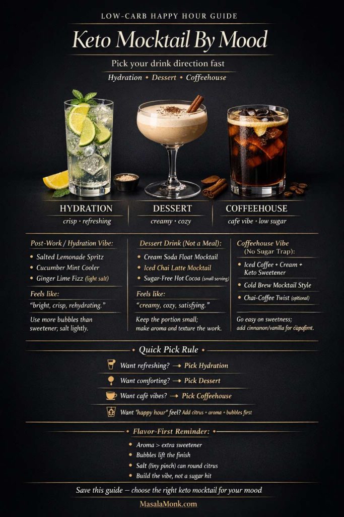 Infographic titled “Keto Mocktail By Mood” showing three keto mocktail directions—Hydration, Dessert, and Coffeehouse—with example drink ideas, quick pick rules, and flavor-first tips for choosing low-carb, sugar-free mocktails.