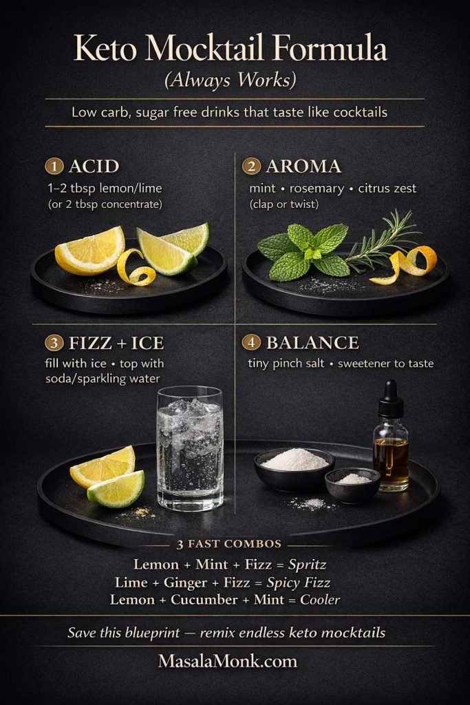 Dark luxe infographic titled “Keto Mocktail Formula (Always Works)” showing a 4-step blueprint for keto mocktails: acid (lemon/lime), aroma (mint/rosemary/zest), fizz + ice (sparkling water), and balance (salt + sweetener), plus three quick low carb, sugar free mocktail combos like spritz, spicy fizz, and cooler.