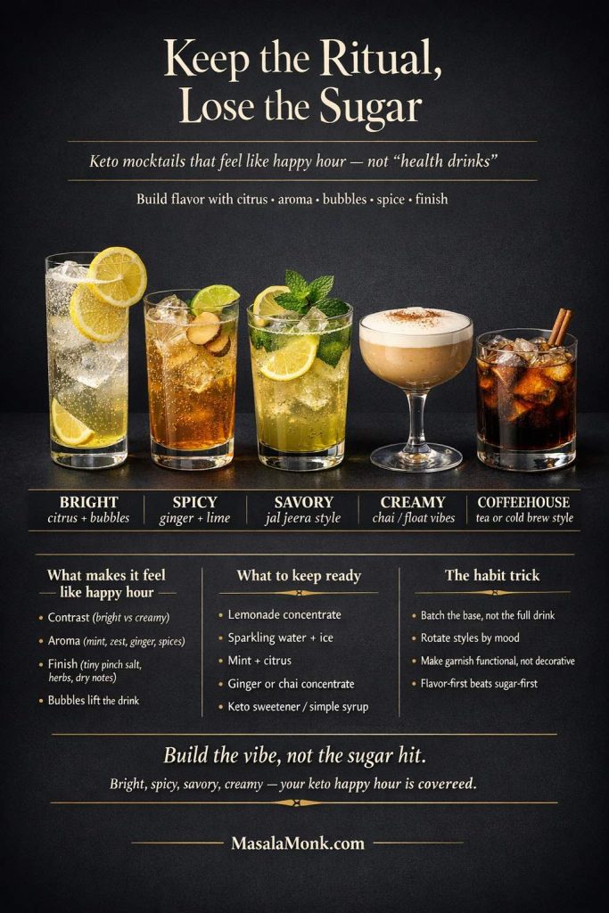 Dark luxe infographic titled “Keep the Ritual, Lose the Sugar” showing five keto mocktail styles in a row—bright citrus spritz, spicy ginger-lime fizz, savory jal jeera style drink, creamy chai/float-style mocktail, and a coffeehouse-style iced drink. The graphic explains what makes keto mocktails feel like happy hour (contrast, aroma, finish, bubbles), what to keep ready (lemonade concentrate, sparkling water, mint, citrus, ginger or chai concentrate, keto sweetener), and the habit trick for building flavor-first sugar-free drinks.