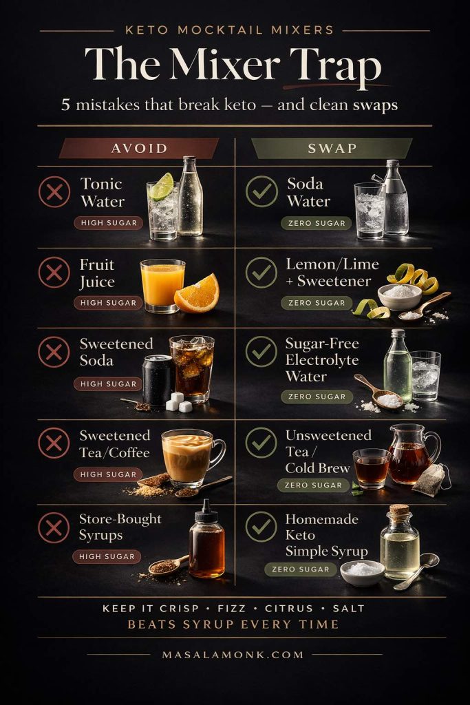 Dark luxury infographic titled “Keto Mocktail Mixers: The Mixer Trap” showing 5 avoid-vs-swap comparisons for keto mocktails, including tonic water vs soda water, fruit juice vs lemon-lime with sweetener, sweetened soda vs sugar-free electrolyte water, sweetened tea/coffee vs unsweetened tea or cold brew, and store-bought syrups vs homemade keto simple syrup.