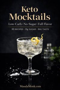 A dark luxe magazine-style cover featuring a coupe glass keto mocktail with ice and a lemon peel garnish on a black surface, with text overlay reading “Keto Mocktails” and “Low-Carb • No-Sugar • Full Flavor,” plus “10 recipes • 0g sugar • big taste” and MasalaMonk.com.