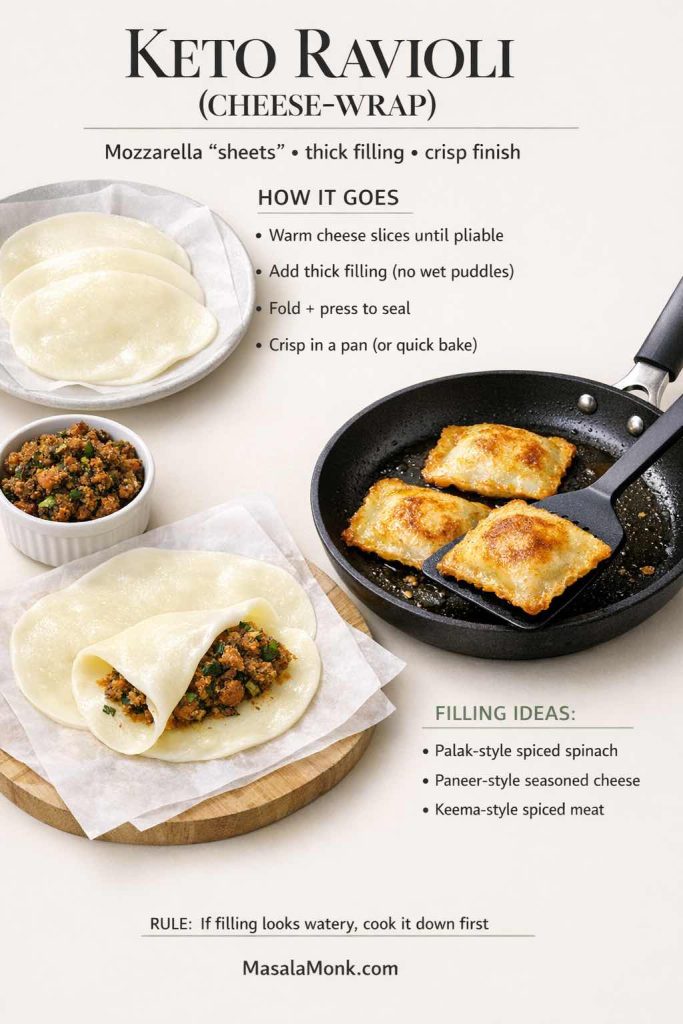 Keto ravioli that actually feels like comfort food: use mozzarella slices as wrappers, keep the filling thick, fold + sealISEAL, then crisp until golden. This card makes the method foolproof (and the “no wet puddles” rule saves you from blowouts). Try it with palak-style spinach, paneer-style filling, or keema-style meat—then serve with a rich sauce and a bright squeeze of lemon. Save this for your next low-carb dinner night.