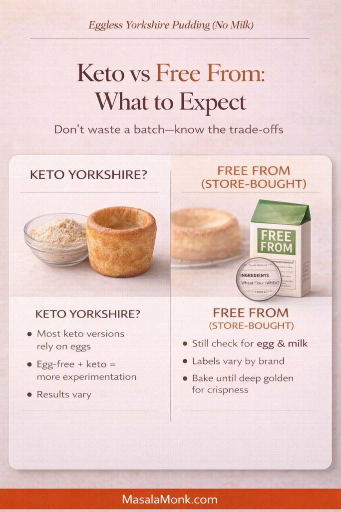 Infographic titled “Keto vs Free From: What to Expect” for eggless Yorkshire pudding (no milk), comparing keto Yorkshire options (often egg-based and more experimental if egg-free) versus store-bought “free from” products (still check labels for egg and milk; bake until deep golden for crispness), with MasalaMonk.com in the footer.