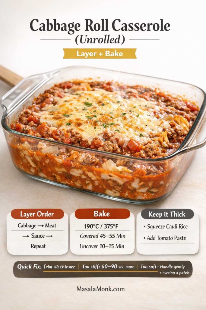 Photoreal cabbage roll casserole in a glass baking dish with saucy ground beef, tomatoes, and tender cabbage, topped with melted golden cheese. Text overlay reads “Cabbage Roll Casserole (Unrolled) — Layer + Bake” and shows quick cards: layer order (cabbage → meat → sauce → repeat), bake at 190°C/375°F covered 45–55 minutes then uncover 10–15 minutes, and “keep it thick” tips (squeeze cauliflower rice, add tomato paste). MasalaMonk.com footer.
