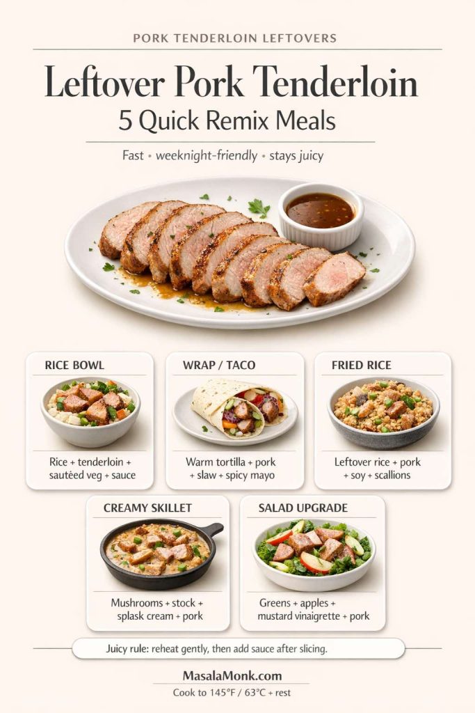 Infographic showing leftover pork tenderloin sliced on a plate with a sauce cup and five quick remix meal ideas: rice bowl, wrap/taco, fried rice, creamy skillet, and salad upgrade, plus a tip to reheat gently and add sauce after slicing.