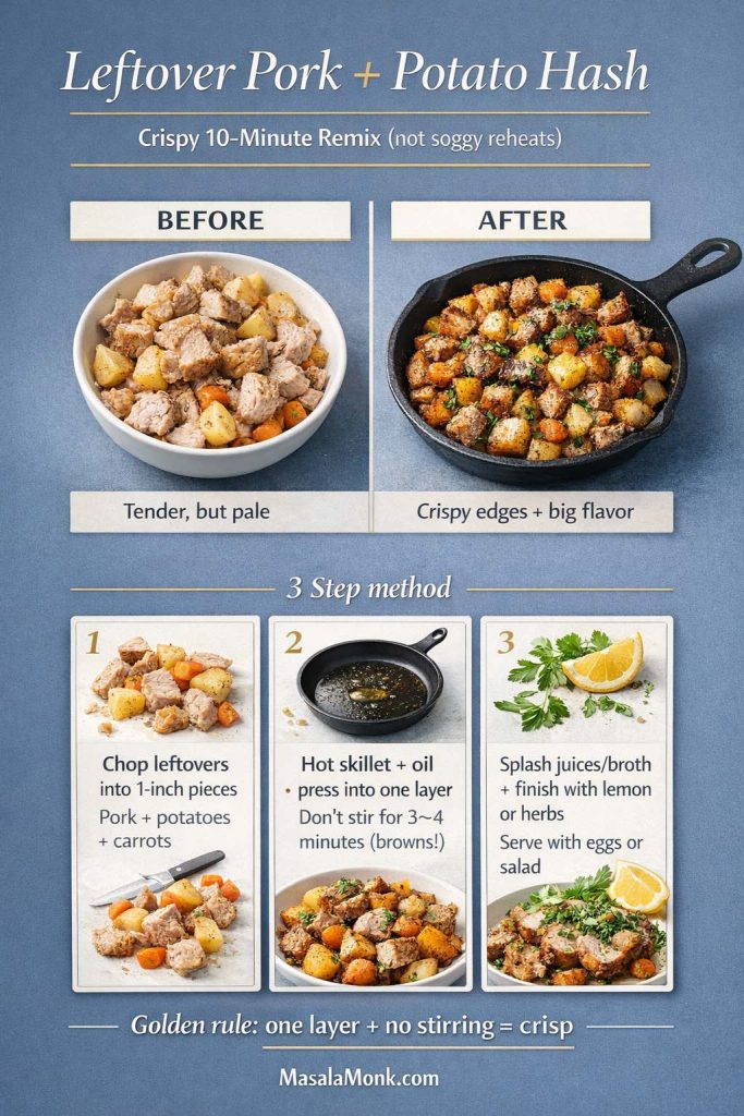 Infographic titled “Leftover Pork + Potato Hash” showing a before-and-after: leftover pork, potatoes, and carrots in a bowl versus a crispy skillet hash. Includes a 3-step method: chop leftovers into 1-inch pieces, cook in a hot oiled skillet pressed into one layer without stirring for 3–4 minutes, then add a splash of juices or broth and finish with lemon or herbs. Golden rule: one layer + no stirring = crisp.