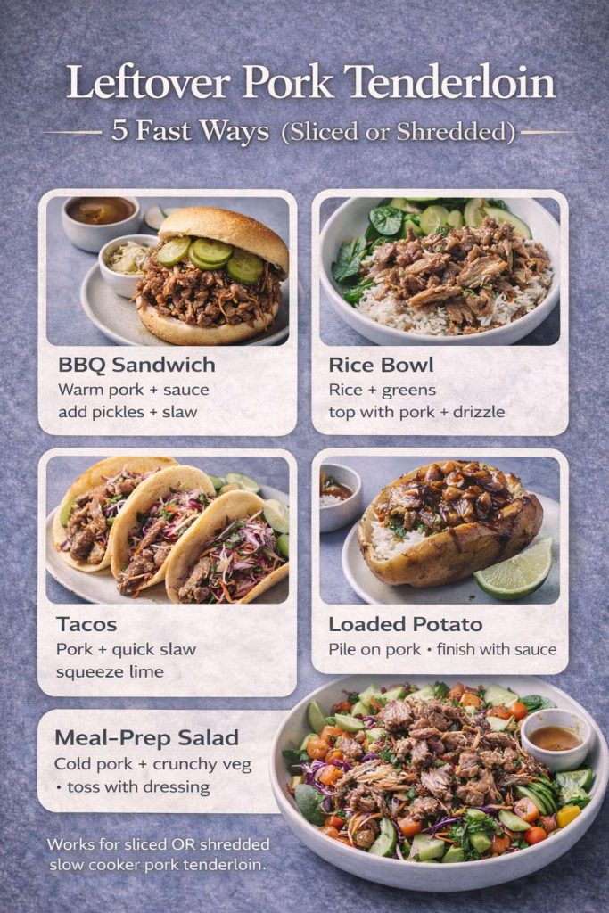 Infographic titled “Leftover Pork Tenderloin: 5 Fast Ways (Sliced or Shredded)” showing five meal ideas for leftover slow cooker pork tenderloin: BBQ sandwich with pickles and slaw, rice bowl with greens, tacos with quick slaw and lime, loaded potato finished with sauce, and a meal-prep salad, plus the note “Works for sliced OR shredded” and MasalaMonk.com in the footer.