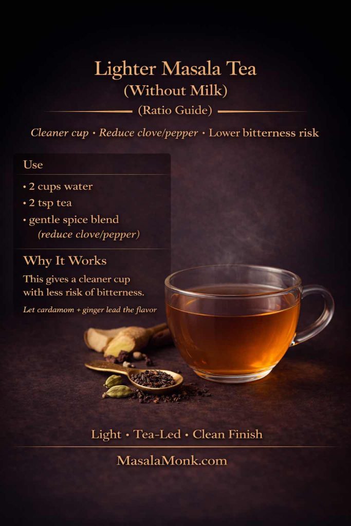 Lighter masala tea without milk ratio guide card in a dark luxe style showing a clear glass cup of amber masala tea with ginger, cardamom, and spices, plus a ratio panel for 2 cups water, 2 teaspoons tea, and a gentle spice blend with reduced clove and pepper.