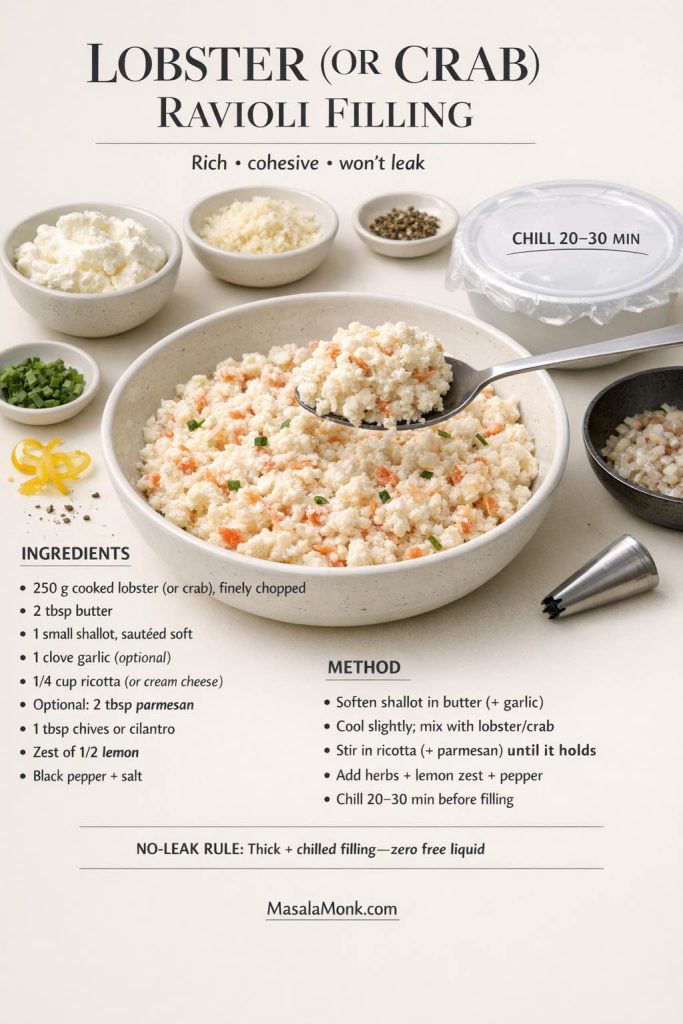 Making homemade lobster (or crab) ravioli? This no-leak ravioli filling is the move: finely chopped seafood + ricotta (or cream cheese) + sautéed shallot, then a quick 20–30 minute chill so it stays thick, scoopable, and easy to seal. Save this card—wet filling is the fastest path to ravioli blowouts.