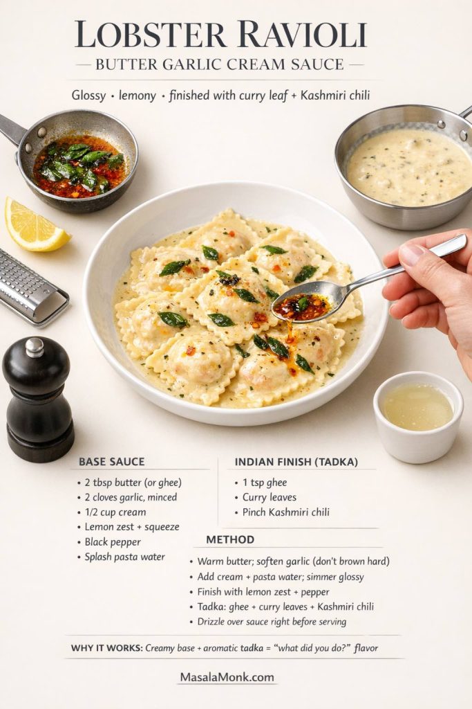 Want a restaurant-style lobster ravioli sauce at home? This butter garlic cream sauce gets its “what did you do?” upgrade from a quick curry leaf + Kashmiri chili tadka drizzled right on top. Use it for lobster (or crab) ravioli, finish with lemon zest + black pepper, and serve immediately while it’s glossy and clingy.