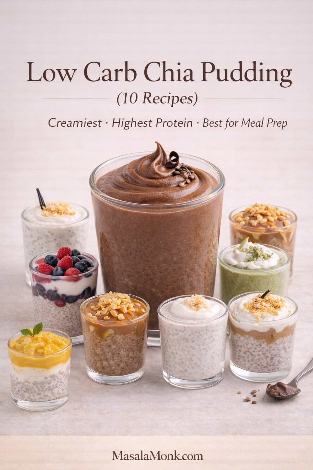 Cover image showing a premium glass jar of low carb chia pudding with a smooth whipped topping on a warm-cream seamless background. Editorial food photography style for “Low Carb Chia Pudding” featuring 10 recipes including keto, high protein, dairy-free, and blended options, with MasalaMonk.com branding.